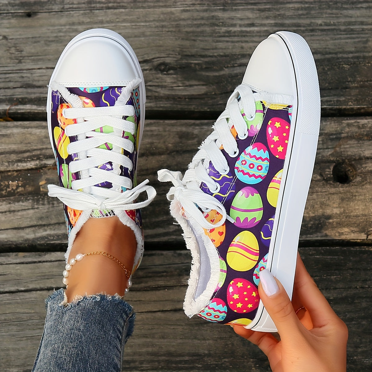 Women's Easter Print Canvas Shoes, Casual Lace Up Flat Sneakers, All-Match Low Top Walking Shoes