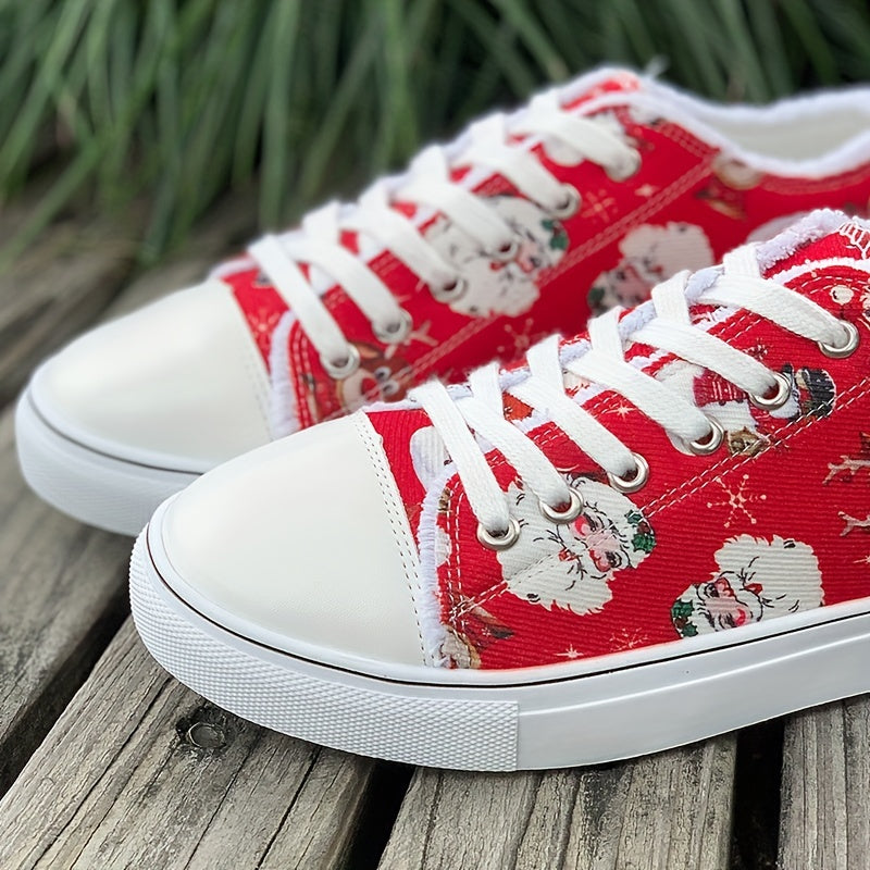 Women's Santa Claus Printed Canvas Shoes, Christmas Lace Up Low Top Skate Shoes, Casual Flat Walking Trainers