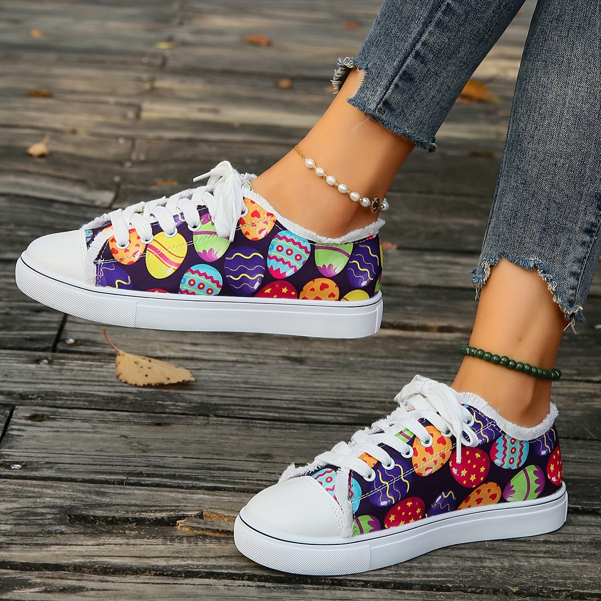 Women's Easter Print Canvas Shoes, Casual Lace Up Flat Sneakers, All-Match Low Top Walking Shoes