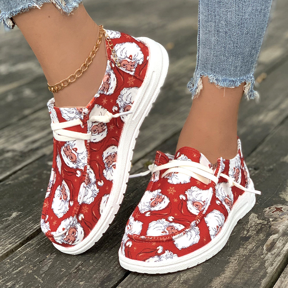 Women's Santa Claus Print Canvas Shoes, Casual Lace Up Outdoor Shoes, Lightweight Low Top Christmas  Sneakers