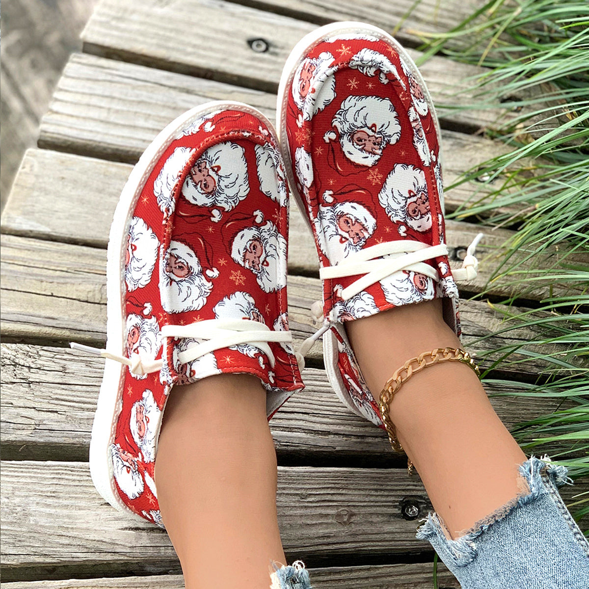 Women's Santa Claus Print Canvas Shoes, Casual Lace Up Outdoor Shoes, Lightweight Low Top Christmas  Sneakers