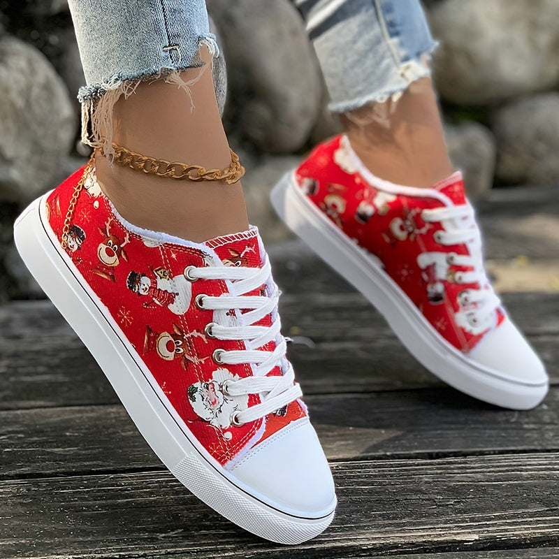 Women's Santa Claus Printed Canvas Shoes, Christmas Lace Up Low Top Skate Shoes, Casual Flat Walking Trainers