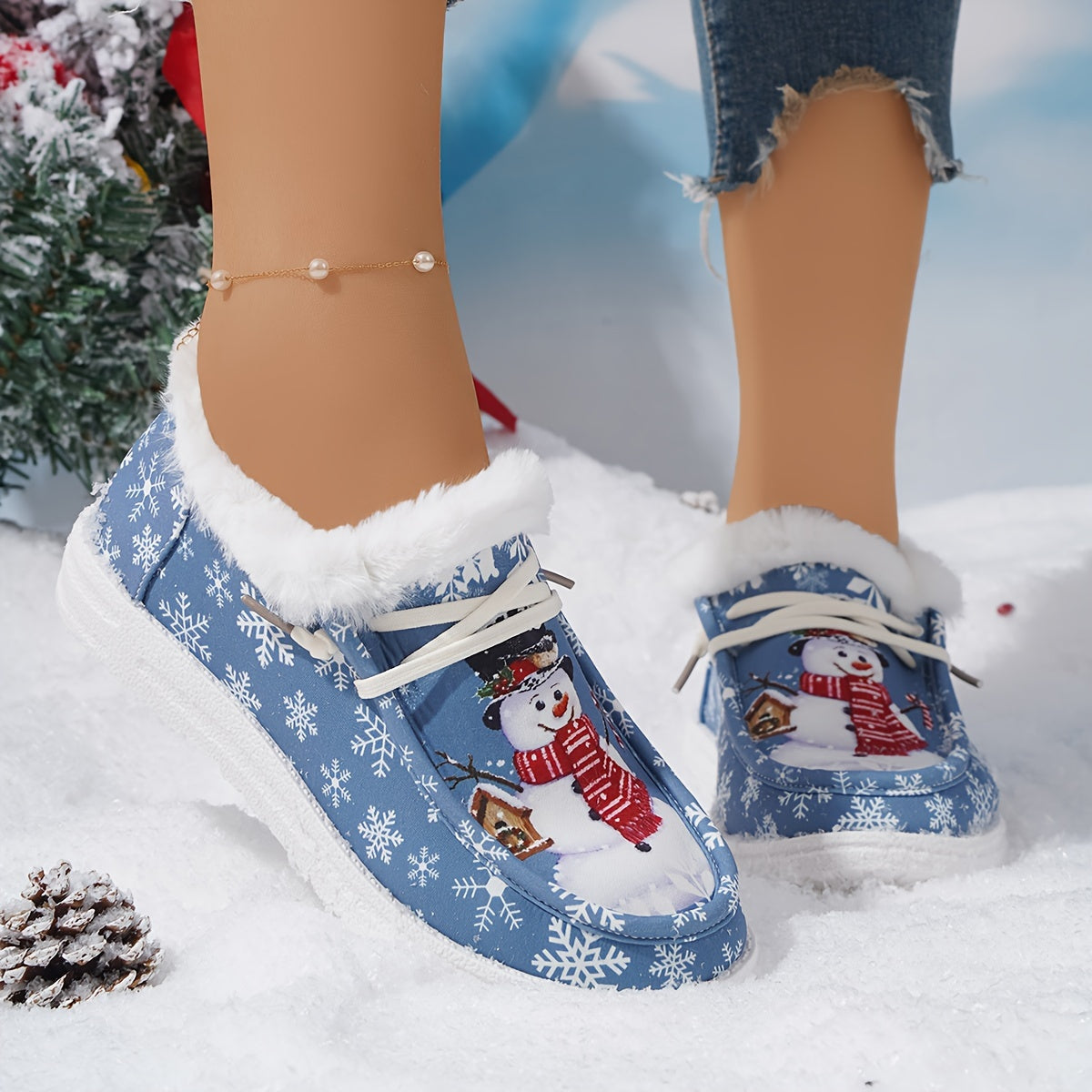 Women's Cartoon Snowflake & Snowman Pattern Shoes, Soft Sole Flat Thermal Lined Shoes, Christmas Non-slip Fluffy Canvas Shoes