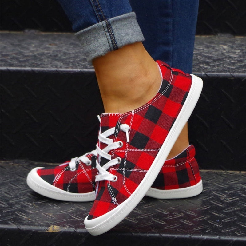 Women's Plaid Pattern Sneakers, Low Top Lace Up Flat Canvas Shoes, Casual & Comfortable Walking Shoes