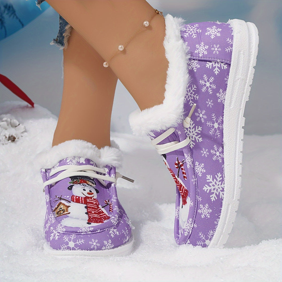 Women's Cartoon Snowflake & Snowman Pattern Shoes, Soft Sole Flat Thermal Lined Shoes, Christmas Non-slip Fluffy Canvas Shoes