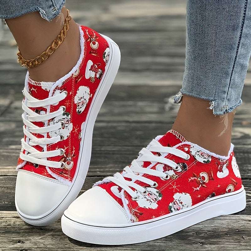 Women's Santa Claus Printed Canvas Shoes, Christmas Lace Up Low Top Skate Shoes, Casual Flat Walking Trainers