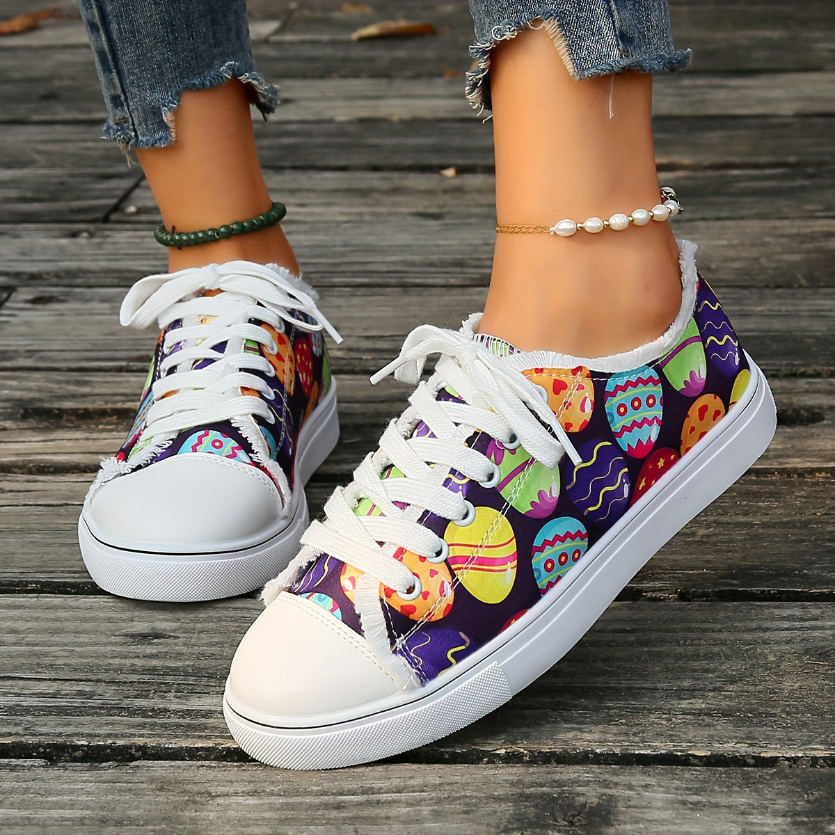 Women's Easter Print Canvas Shoes, Casual Lace Up Flat Sneakers, All-Match Low Top Walking Shoes