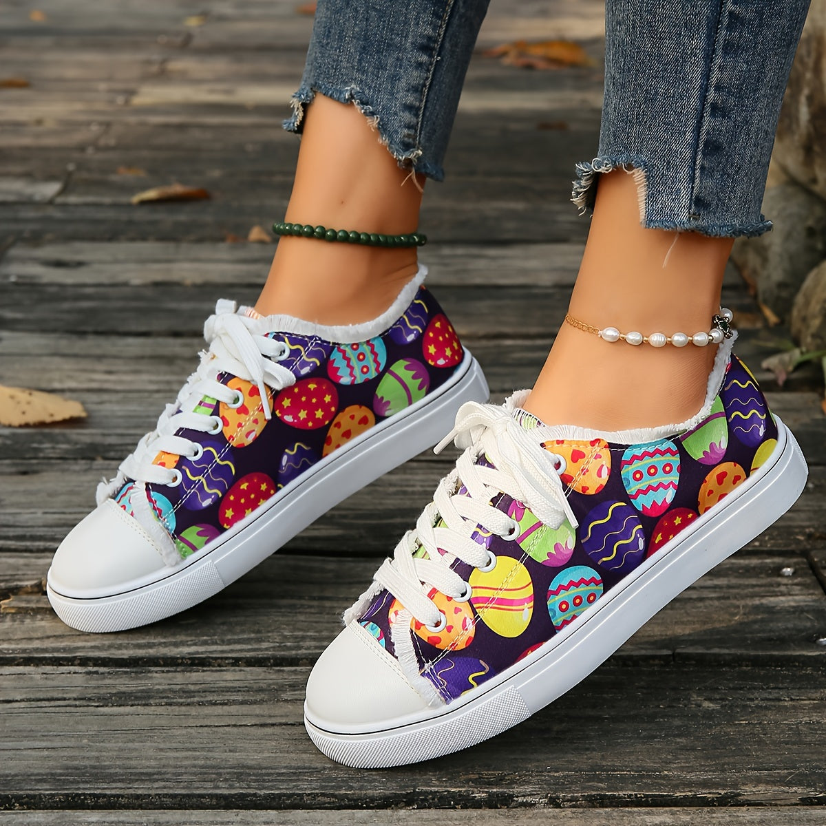 Women's Easter Print Canvas Shoes, Casual Lace Up Flat Sneakers, All-Match Low Top Walking Shoes