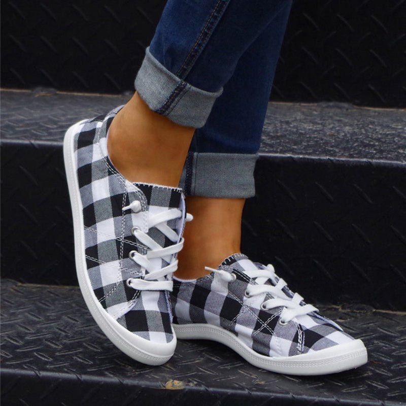 Women's Plaid Pattern Sneakers, Low Top Lace Up Flat Canvas Shoes, Casual & Comfortable Walking Shoes