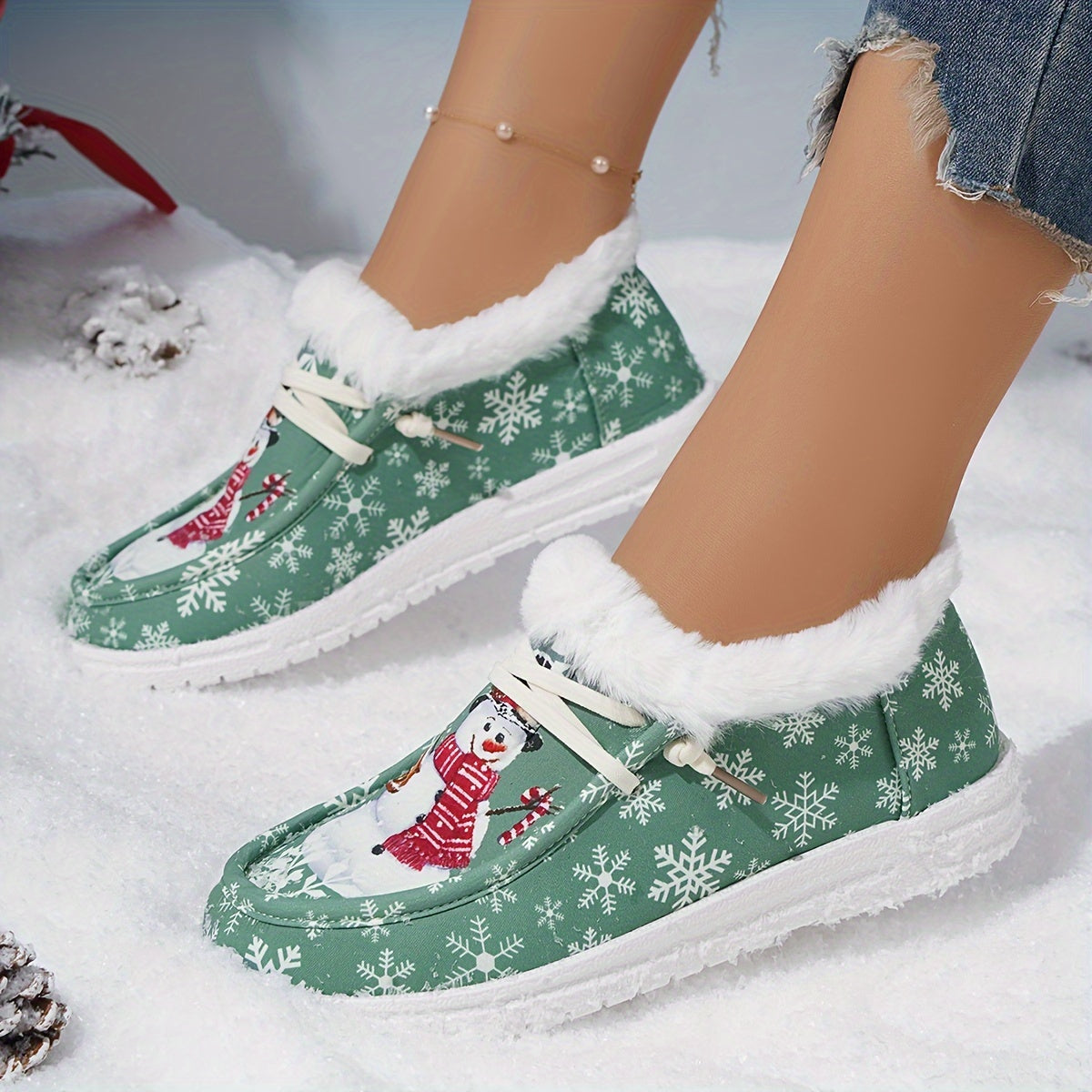 Women's Cartoon Snowflake & Snowman Pattern Shoes, Soft Sole Flat Thermal Lined Shoes, Christmas Non-slip Fluffy Canvas Shoes