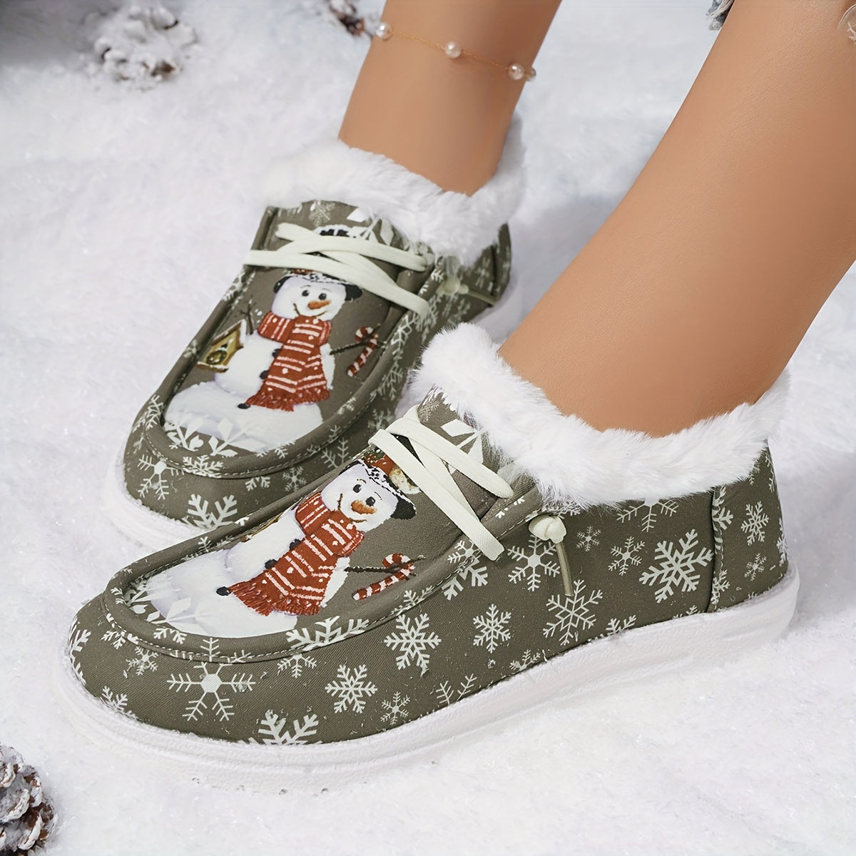 Women's Cartoon Snowflake & Snowman Pattern Shoes, Soft Sole Flat Thermal Lined Shoes, Christmas Non-slip Fluffy Canvas Shoes