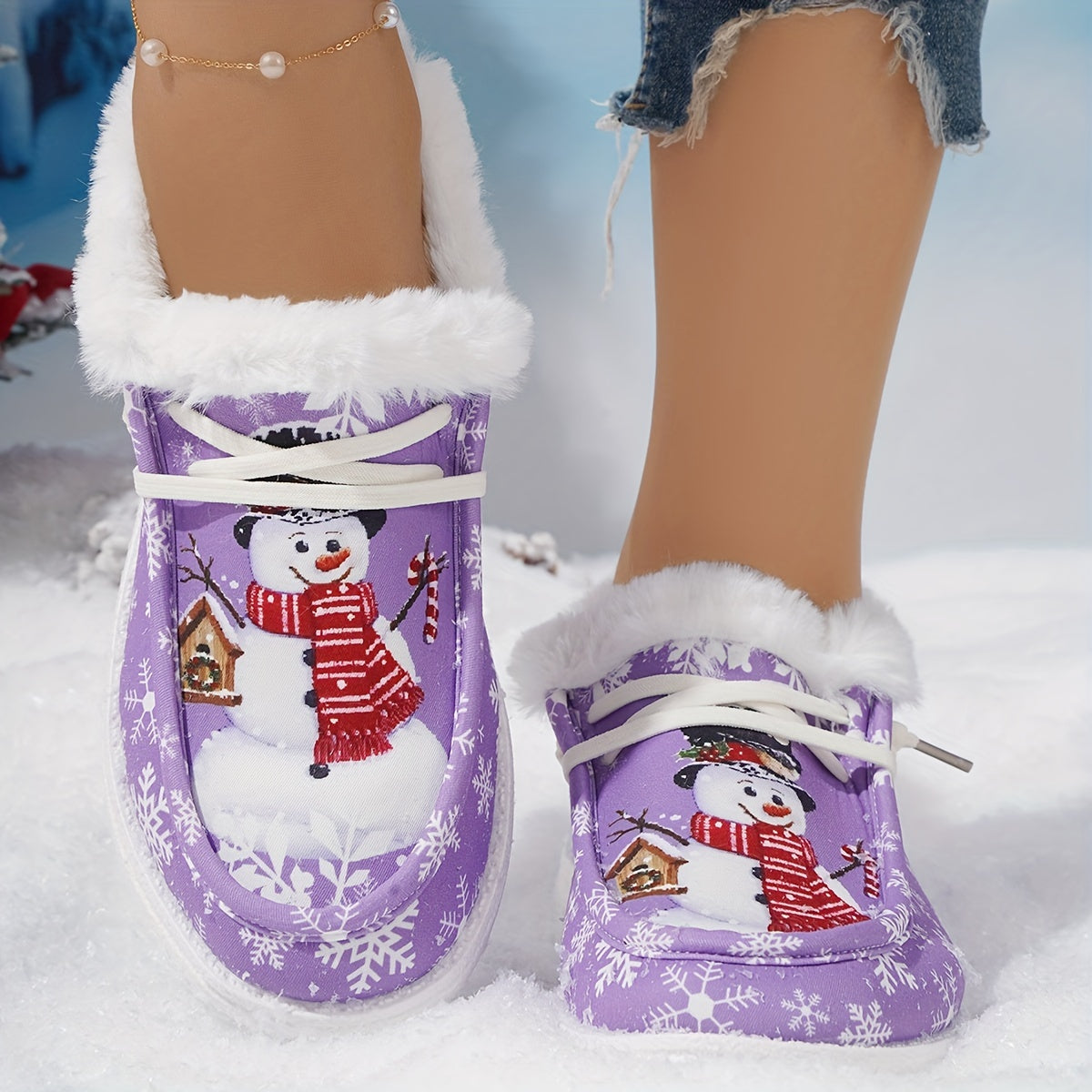 Women's Cartoon Snowflake & Snowman Pattern Shoes, Soft Sole Flat Thermal Lined Shoes, Christmas Non-slip Fluffy Canvas Shoes