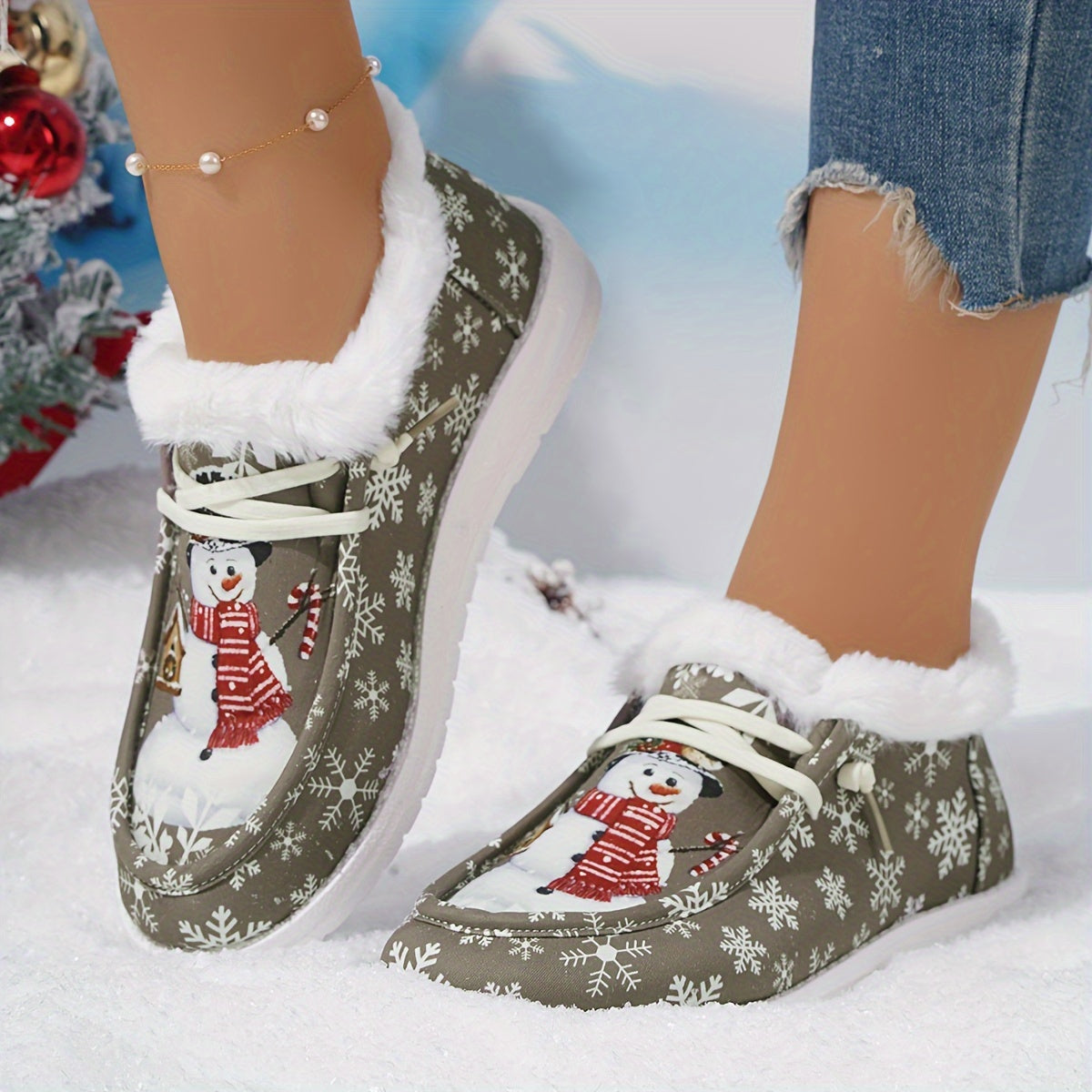 Women's Cartoon Snowflake & Snowman Pattern Shoes, Soft Sole Flat Thermal Lined Shoes, Christmas Non-slip Fluffy Canvas Shoes