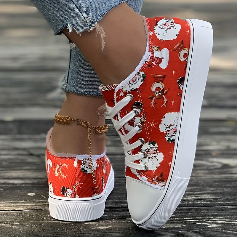 Women's Santa Claus Printed Canvas Shoes, Christmas Lace Up Low Top Skate Shoes, Casual Flat Walking Trainers