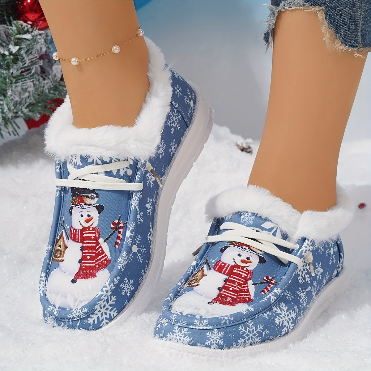 Women's Cartoon Snowflake & Snowman Pattern Shoes, Soft Sole Flat Thermal Lined Shoes, Christmas Non-slip Fluffy Canvas Shoes