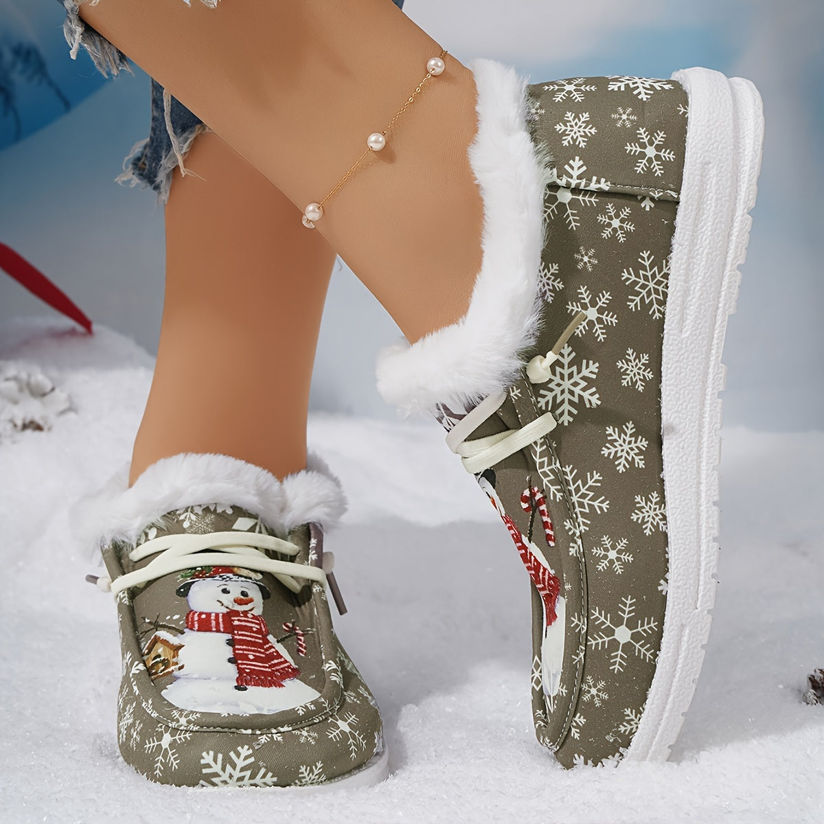 Women's Cartoon Snowflake & Snowman Pattern Shoes, Soft Sole Flat Thermal Lined Shoes, Christmas Non-slip Fluffy Canvas Shoes