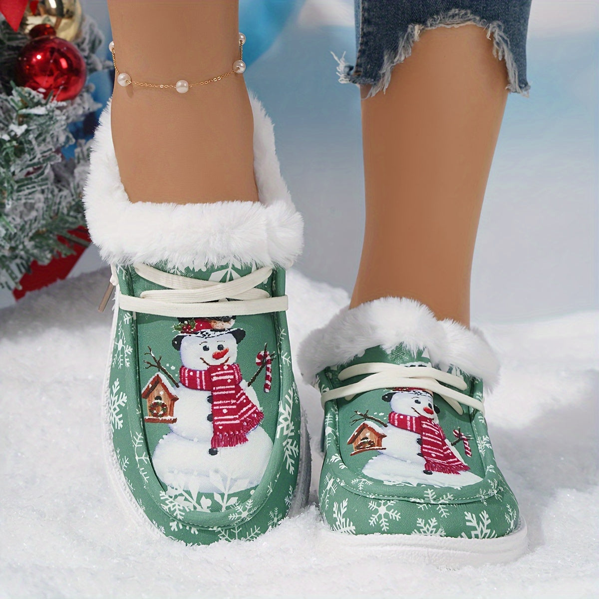 Women's Cartoon Snowflake & Snowman Pattern Shoes, Soft Sole Flat Thermal Lined Shoes, Christmas Non-slip Fluffy Canvas Shoes