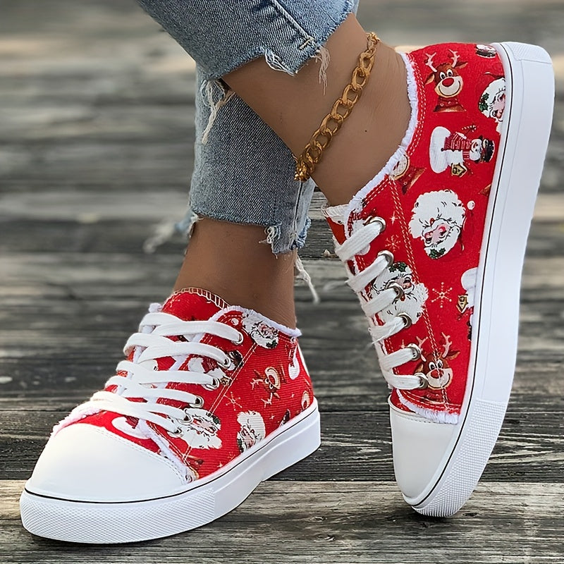 Women's Santa Claus Printed Canvas Shoes, Christmas Lace Up Low Top Skate Shoes, Casual Flat Walking Trainers