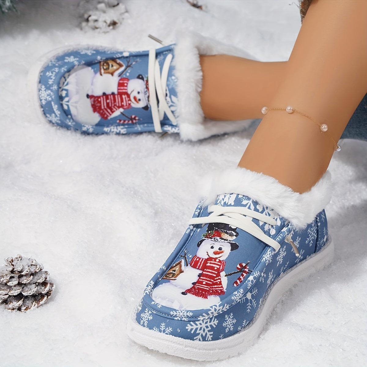 Women's Cartoon Snowflake & Snowman Pattern Shoes, Soft Sole Flat Thermal Lined Shoes, Christmas Non-slip Fluffy Canvas Shoes