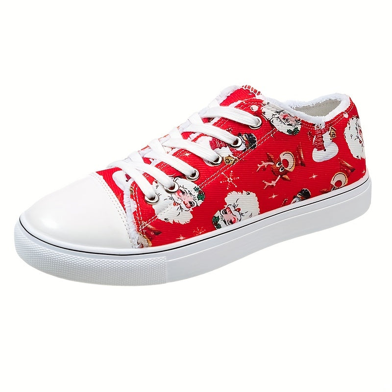 Women's Santa Claus Printed Canvas Shoes, Christmas Lace Up Low Top Skate Shoes, Casual Flat Walking Trainers