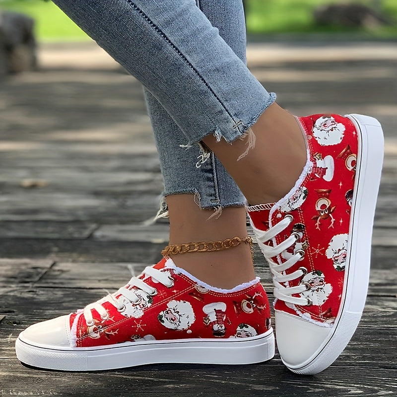 Women's Santa Claus Printed Canvas Shoes, Christmas Lace Up Low Top Skate Shoes, Casual Flat Walking Trainers