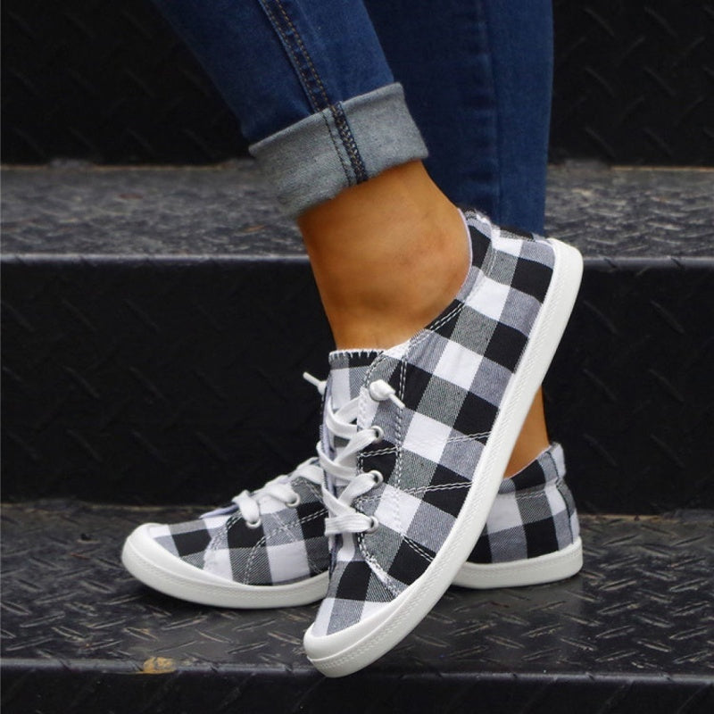 Women's Plaid Pattern Sneakers, Low Top Lace Up Flat Canvas Shoes, Casual & Comfortable Walking Shoes